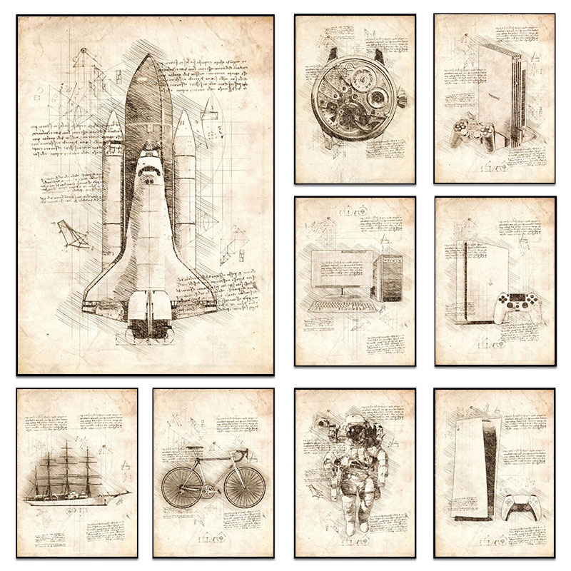 Star Map Poster - Vintage Abstracte Da Vinci Geïnspireerd Schetsen